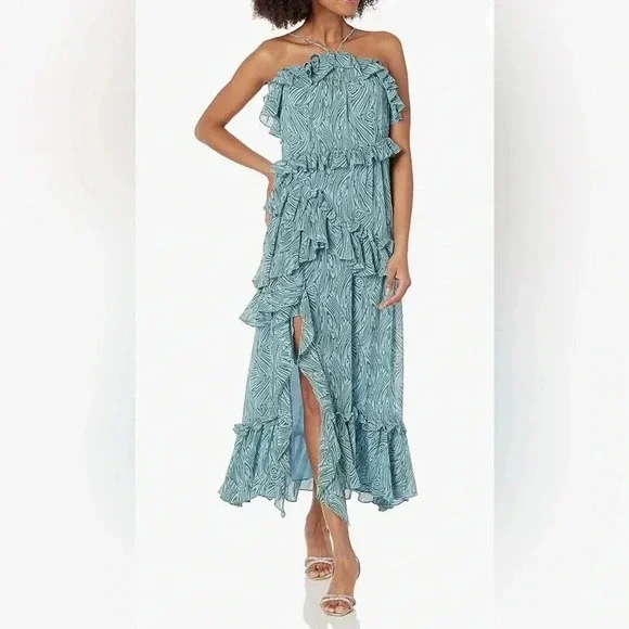 NWT Cinq a Sept Rayner Asymmetric  
Midi Ruffle High Slit Dress - Picture 2 of 11